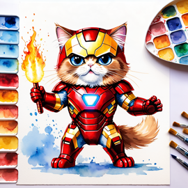 watercolor painting of himalayan cat as iron man, featuring a vibrant and detailed iron man costume in an artistic style.