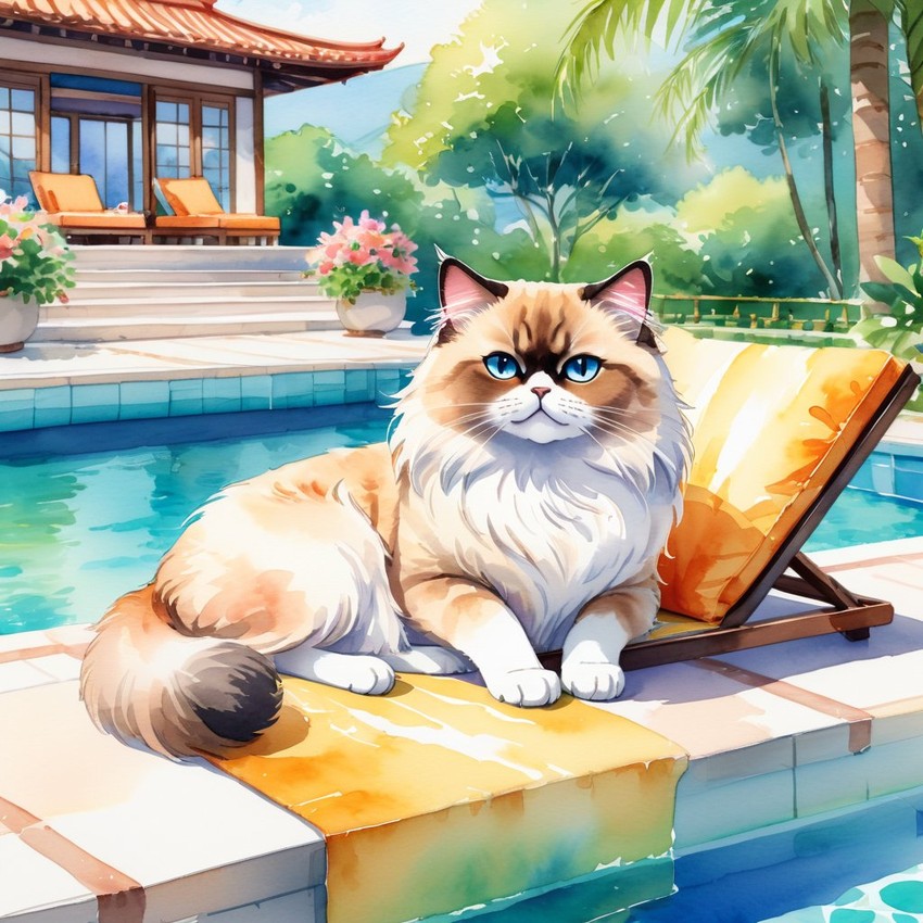 watercolor illustration of himalayan cat suntanning next to a luxurious villa pool, capturing a posh and vibrant scene.