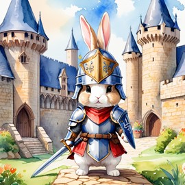 watercolor painting of holland lop rabbit as a medieval knight in a vibrant, detailed castle scene.