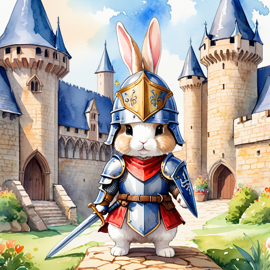 watercolor painting of holland lop rabbit as a medieval knight in a vibrant, detailed castle scene.