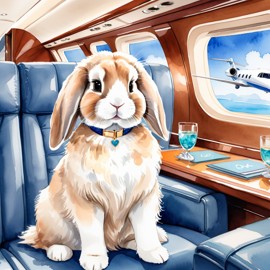 watercolor illustration of holland lop rabbit in a gulfstream private jet, dressed in elegant clothing, capturing a posh and vibrant scene.