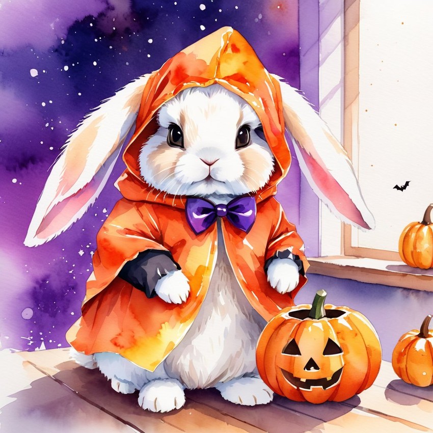 watercolor illustration of holland lop rabbit in a halloween costume with a vibrant and festive atmosphere surrounded by pumpkins.