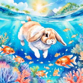 watercolor painting of holland lop rabbit swimming in a beautiful blue ocean with colorful fish and coral reef, capturing a happy and vibrant underwater scene.