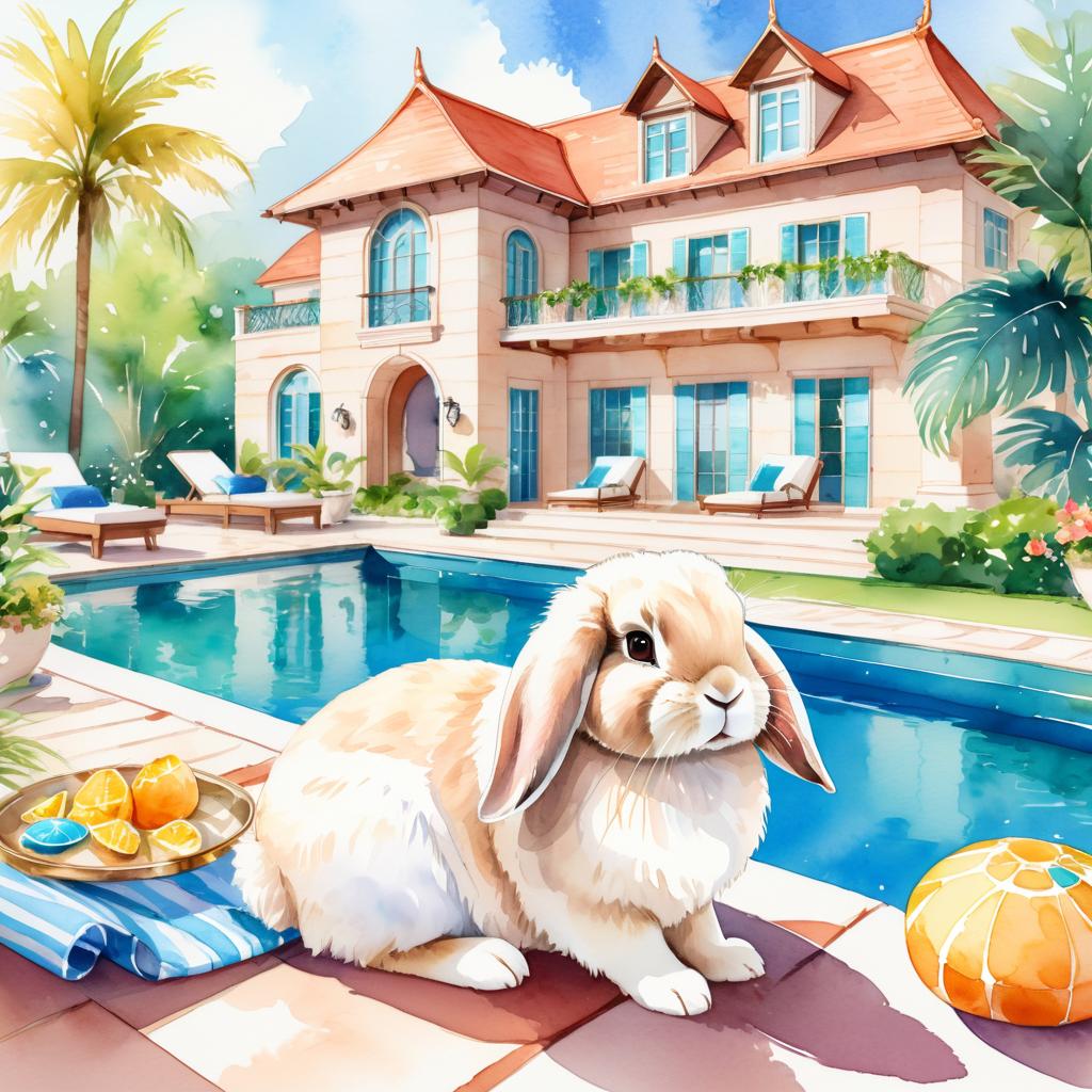 watercolor illustration of holland lop rabbit suntanning next to a luxurious villa pool, capturing a posh and vibrant scene.