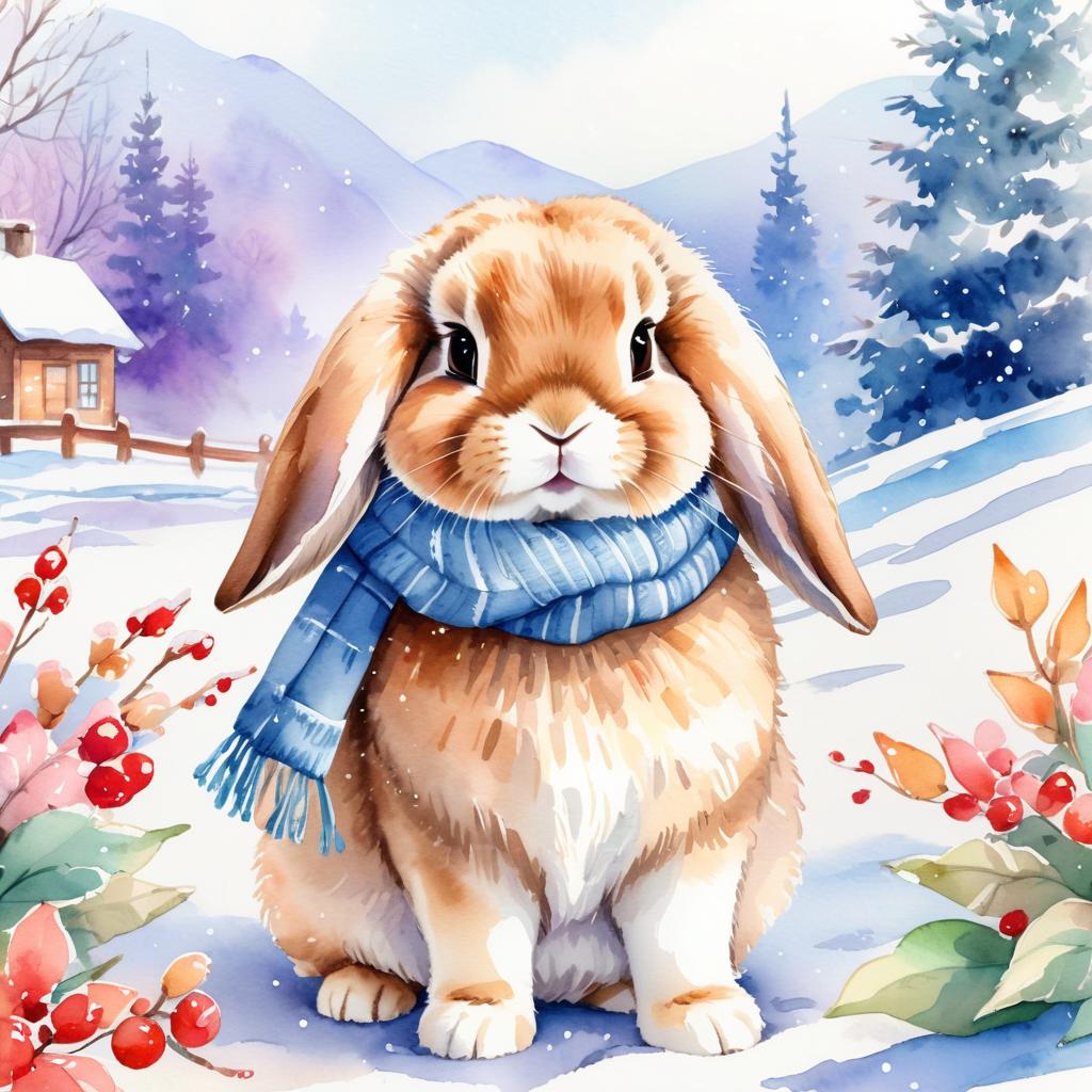 watercolor painting of holland lop rabbit in a beautiful winter scene, wearing stylish winter clothing, looking cute and happy.