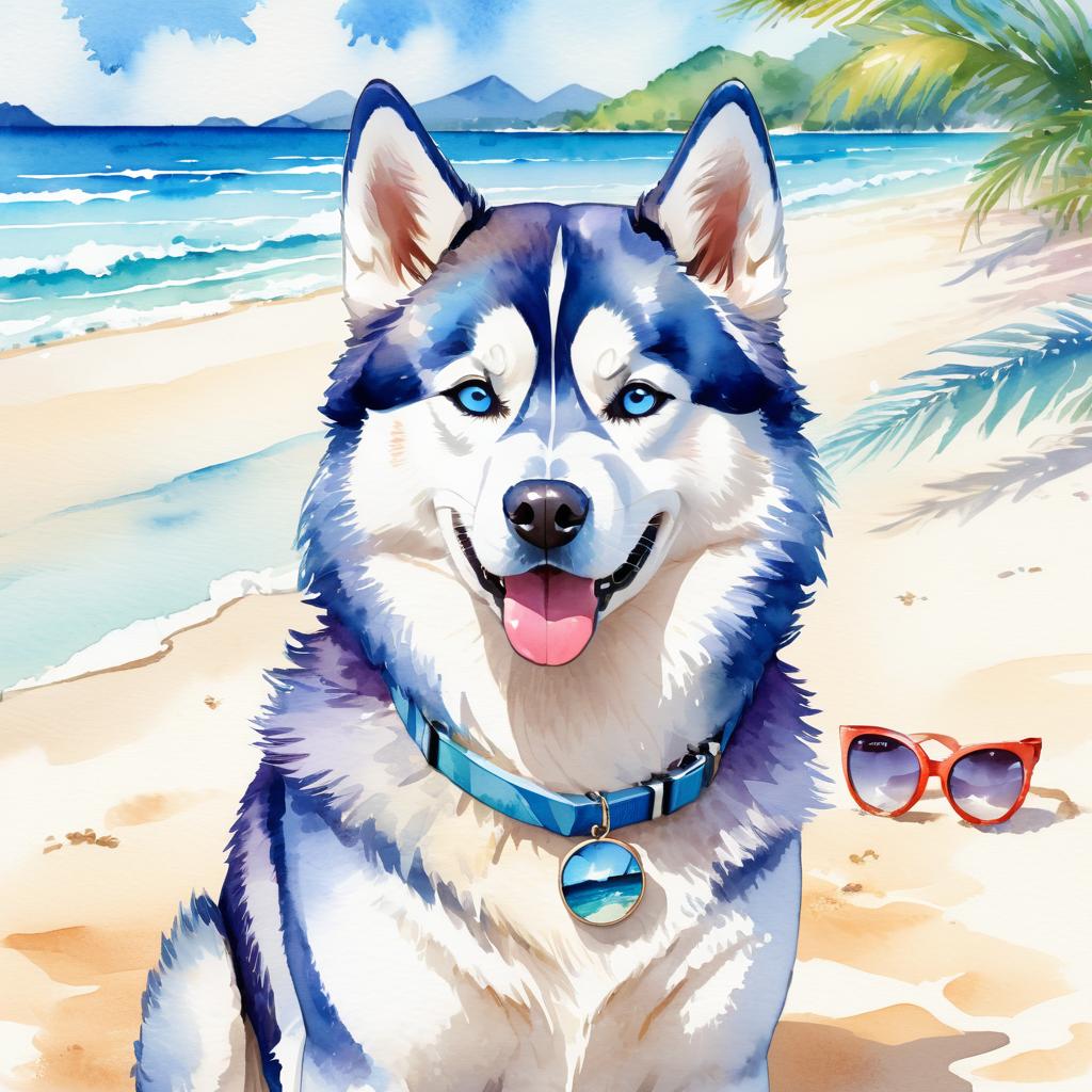 watercolor painting of siberian husky on a beach with white sand and blue sea, wearing sunglasses.