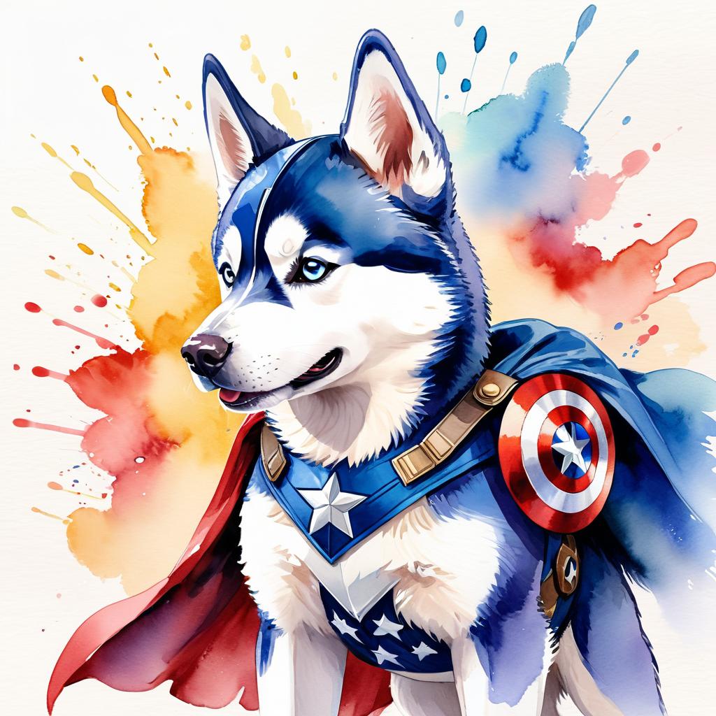 watercolor painting of siberian husky as captain america from avengers, vibrant and detailed.