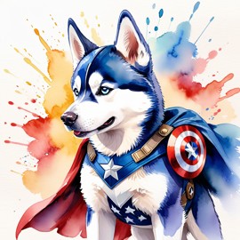 watercolor painting of siberian husky as captain america from avengers, vibrant and detailed.