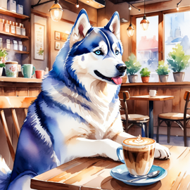 watercolor painting of siberian husky sitting in a cozy coffee shop, vibrant and detailed.