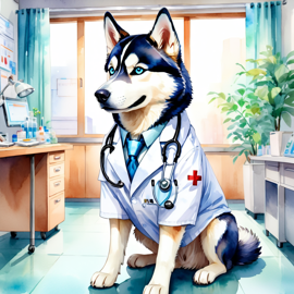 watercolor painting of siberian husky as a doctor in a hospital, vibrant and highly detailed, in a studio anime style.