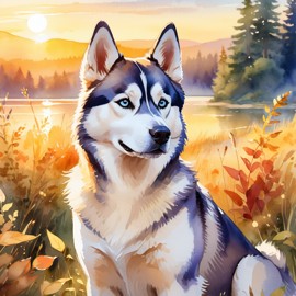 watercolor painting of siberian husky in golden hour light, showcasing vibrant colors and a happy nature scene in a highly detailed illustration.