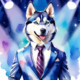 watercolor painting of siberian husky in a classy suit on a fashion stage, capturing elegance and charm in a vibrant, highly detailed illustration.