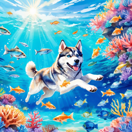 watercolor painting of siberian husky swimming in a beautiful blue ocean with colorful fish and coral reef, capturing a happy and vibrant underwater scene.