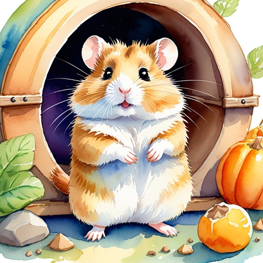 watercolor illustration of dwarf campbell russian hamster in children's book style, vibrant and detailed, drawn by don freedman.