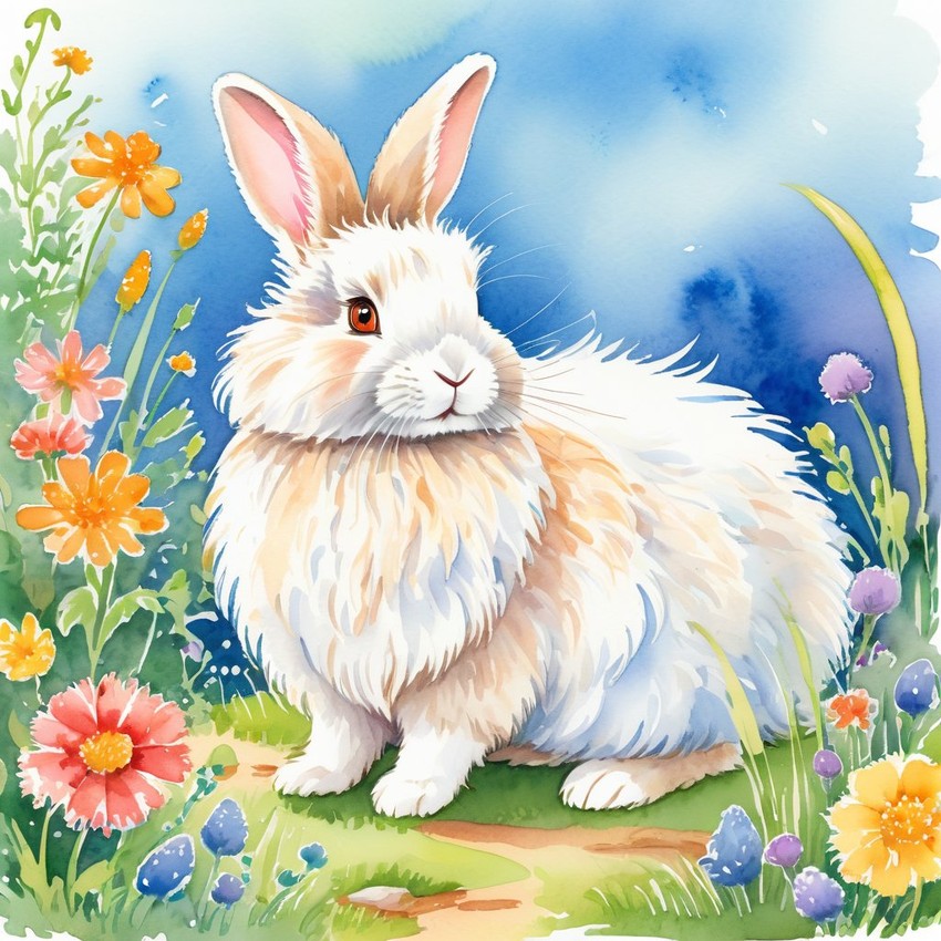 watercolor illustration of english angora rabbit in children's book style, vibrant and detailed, drawn by don freedman.