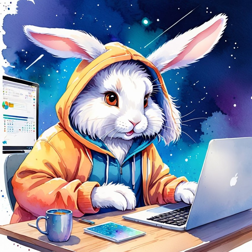 watercolor illustration of english angora rabbit as a programmer, working on a laptop in a hoodie, capturing a cute and vibrant scene.