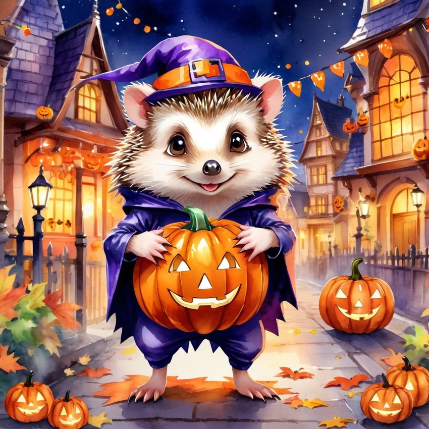 watercolor illustration of european hedgehog in a halloween costume with a vibrant and festive atmosphere surrounded by pumpkins.