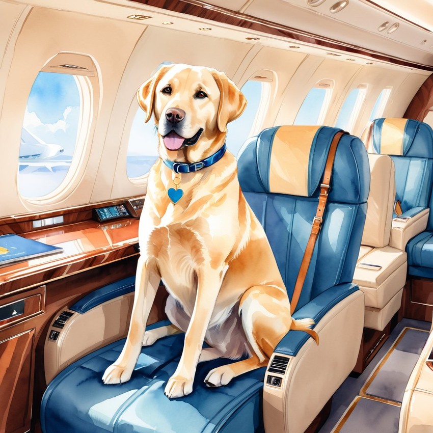 watercolor illustration of labrador retriever in a gulfstream private jet, dressed in elegant clothing, capturing a posh and vibrant scene.