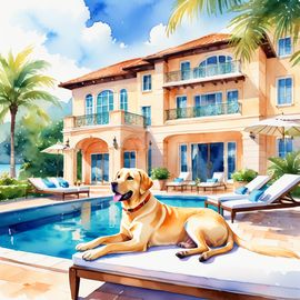 watercolor illustration of labrador retriever suntanning next to a luxurious villa pool, capturing a posh and vibrant scene.