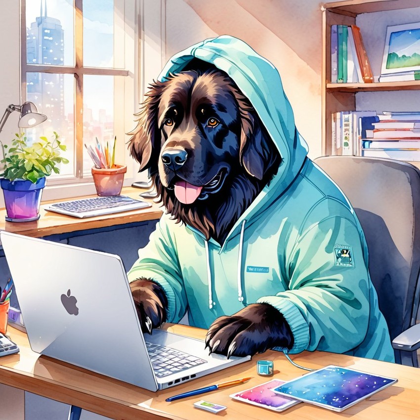 watercolor illustration of newfoundland as a programmer, working on a laptop in a hoodie, capturing a cute and vibrant scene.