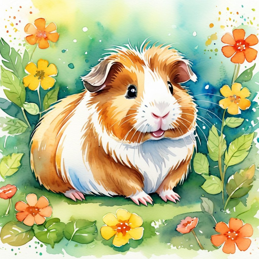 watercolor illustration of teddy guinea pig in children's book style, vibrant and detailed, drawn by don freedman.