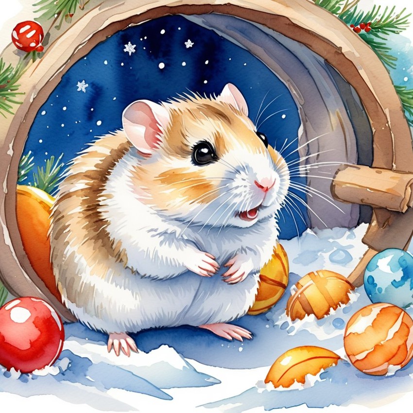 watercolor illustration of winter white russian dwarf hamster in children's book style, vibrant and detailed, drawn by don freedman.