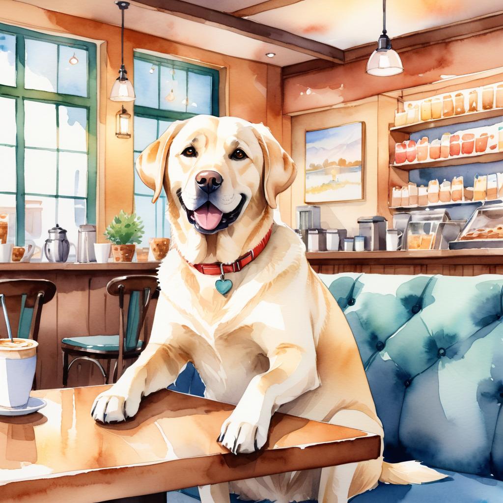 watercolor painting of labrador retriever sitting in a cozy coffee shop, vibrant and detailed.