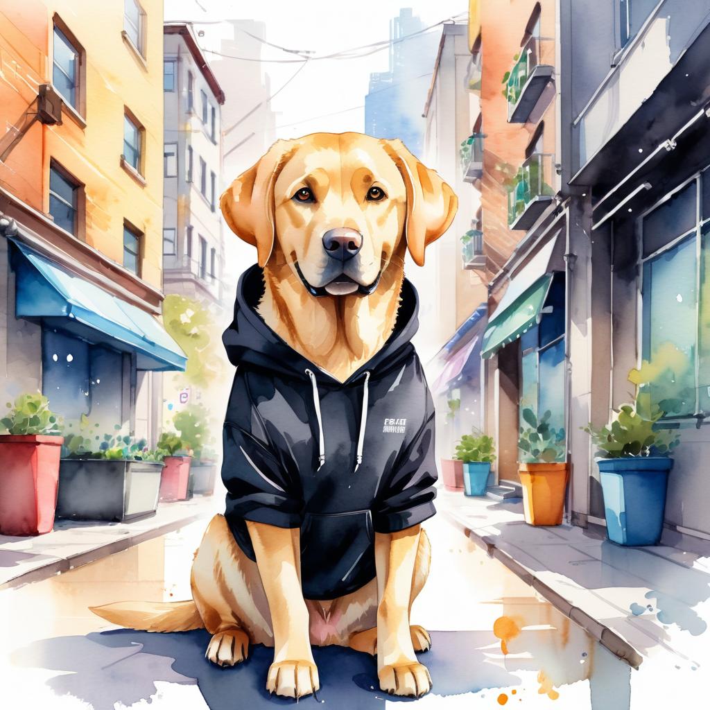 watercolor painting of labrador retriever in a black hoodie, showcasing a vibrant urban environment with a cute and happy appearance.