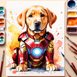 watercolor painting of labrador retriever as iron man, featuring a vibrant and detailed iron man costume in an artistic style.