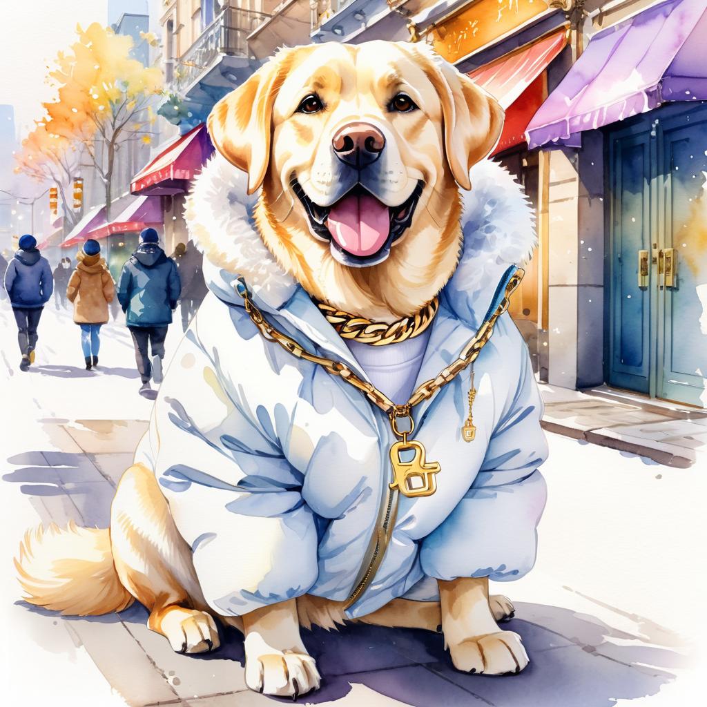 watercolor painting of labrador retriever in a white puffer coat with golden hip hop chains, set in a posh urban environment.