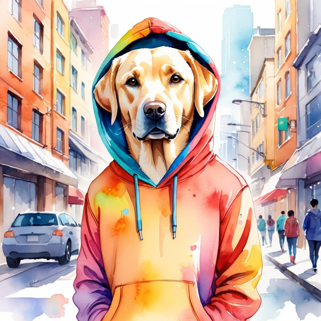 watercolor painting of labrador retriever in a colorful hoodie, set in a vibrant urban setting, capturing a detailed and happy mood.