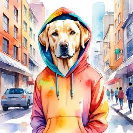 watercolor painting of labrador retriever in a colorful hoodie, set in a vibrant urban setting, capturing a detailed and happy mood.