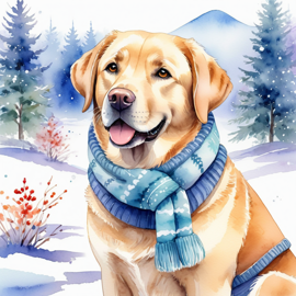 watercolor painting of labrador retriever in a beautiful winter scene, wearing stylish winter clothing, looking cute and happy.