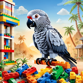 watercolor painting of african grey parrot bird as lego bricks, vibrant and detailed in a playful lego environment.