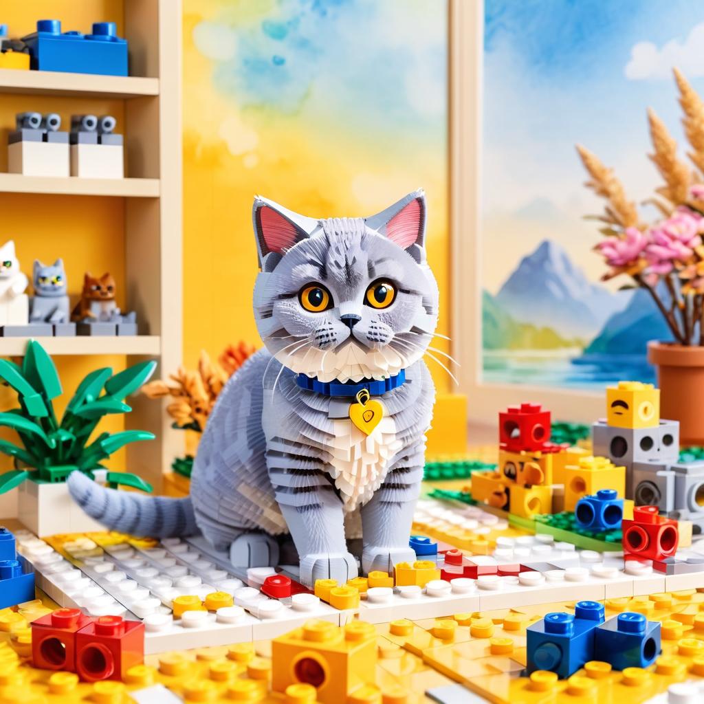 watercolor painting of british shorthair cat as lego bricks, vibrant and detailed in a playful lego environment.