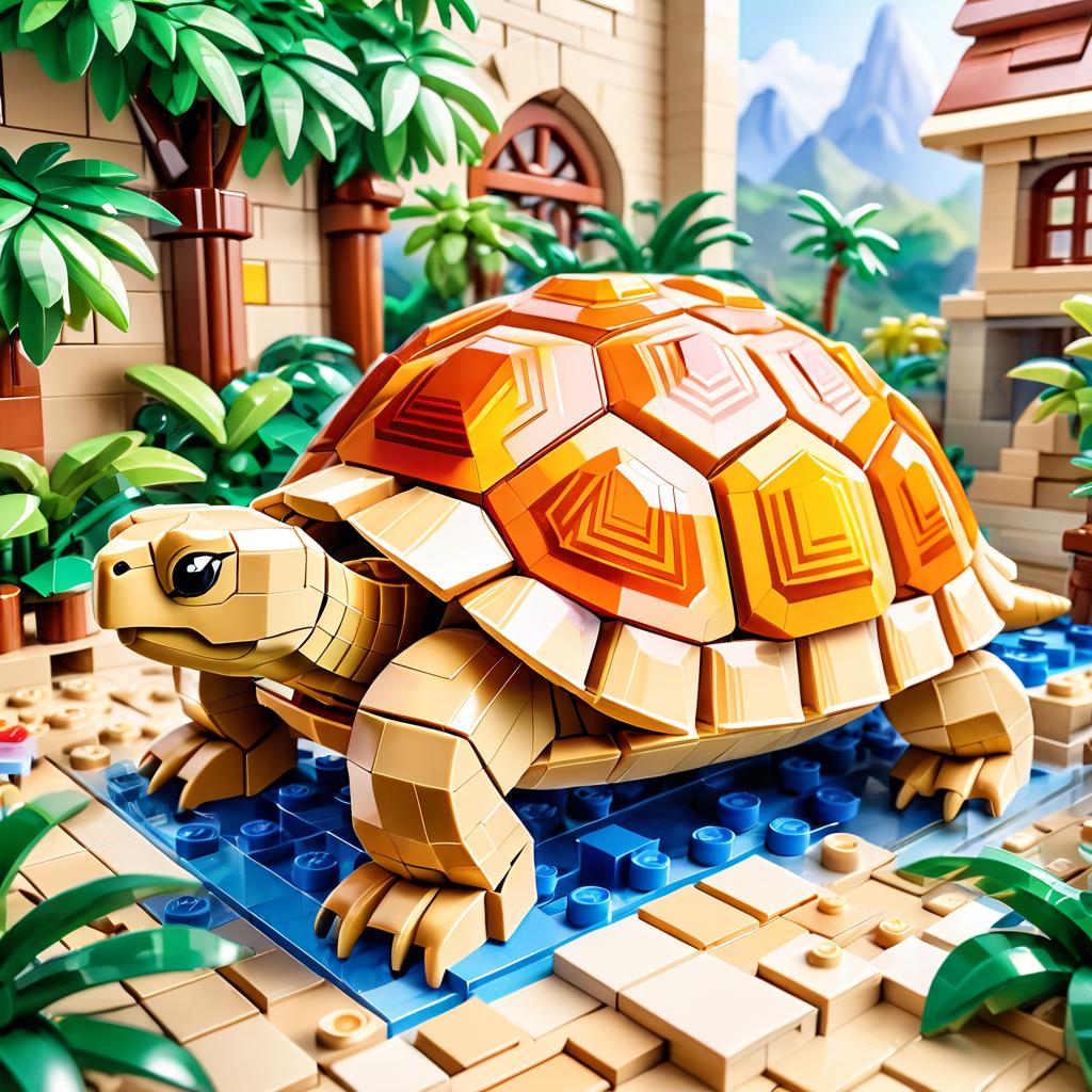 watercolor painting of sulcata tortoise turtle/tortoise as lego bricks, vibrant and detailed in a playful lego environment.