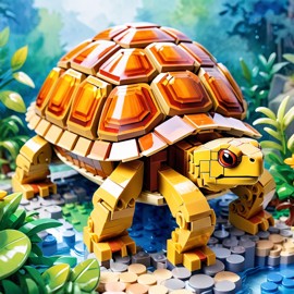 watercolor painting of box turtle turtle/tortoise as lego bricks, vibrant and detailed in a playful lego environment.