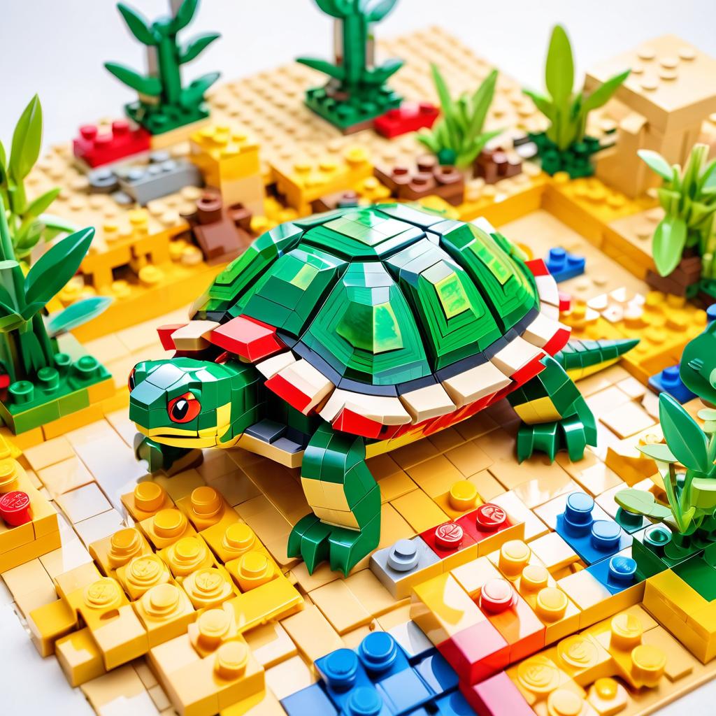 watercolor painting of red-eared slider turtle/tortoise as lego bricks, vibrant and detailed in a playful lego environment.