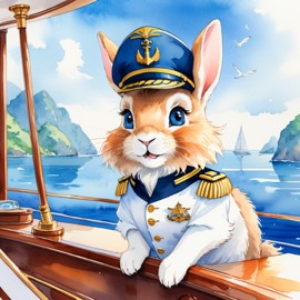 watercolor painting of lionhead rabbit as a captain on a luxury yacht, wearing captain uniform, vibrant and detailed.