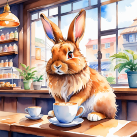 watercolor painting of lionhead rabbit sitting in a cozy coffee shop, vibrant and detailed.