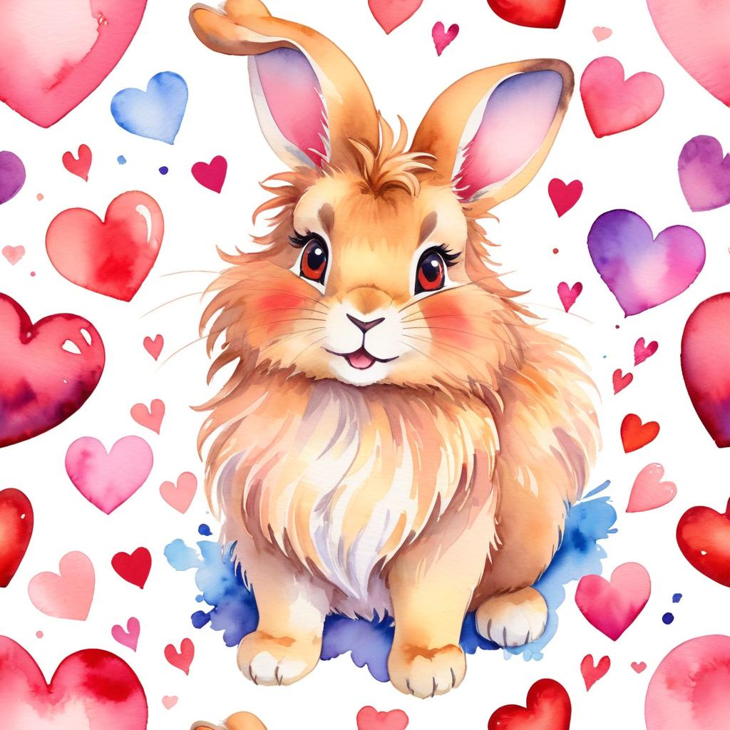 watercolor painting of lionhead rabbit with hearts, capturing a lovely, cute, and happy expression in vibrant, detailed style.