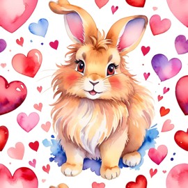 watercolor painting of lionhead rabbit with hearts, capturing a lovely, cute, and happy expression in vibrant, detailed style.