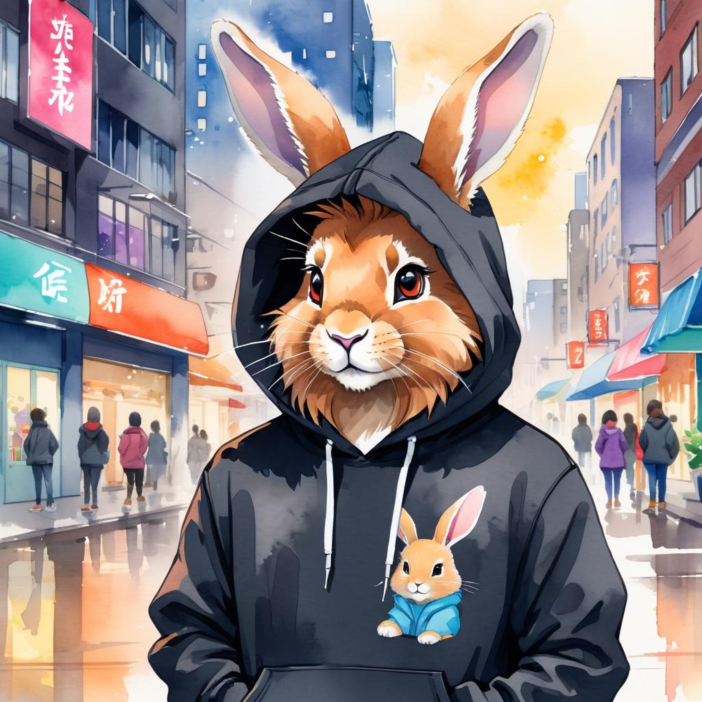 watercolor painting of lionhead rabbit in a black hoodie, showcasing a vibrant urban environment with a cute and happy appearance.