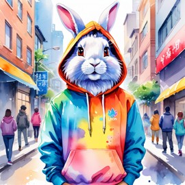 watercolor painting of lionhead rabbit in a colorful hoodie, set in a vibrant urban setting, capturing a detailed and happy mood.