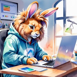 watercolor illustration of lionhead rabbit as a programmer, working on a laptop in a hoodie, capturing a cute and vibrant scene.