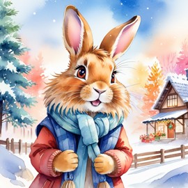 watercolor painting of lionhead rabbit in a beautiful winter scene, wearing stylish winter clothing, looking cute and happy.