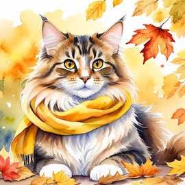 watercolor painting of domestic longhair cat in autumn, wearing a yellow scarf, vibrant and detailed.