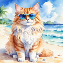 watercolor painting of domestic longhair cat on a beach with white sand and blue sea, wearing sunglasses.