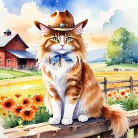 watercolor painting of domestic longhair cat as a cowboy wearing a hat, in the midwest countryside, on a farm.