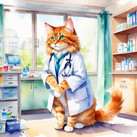 watercolor painting of domestic longhair cat as a doctor in a hospital, vibrant and highly detailed, in a studio anime style.